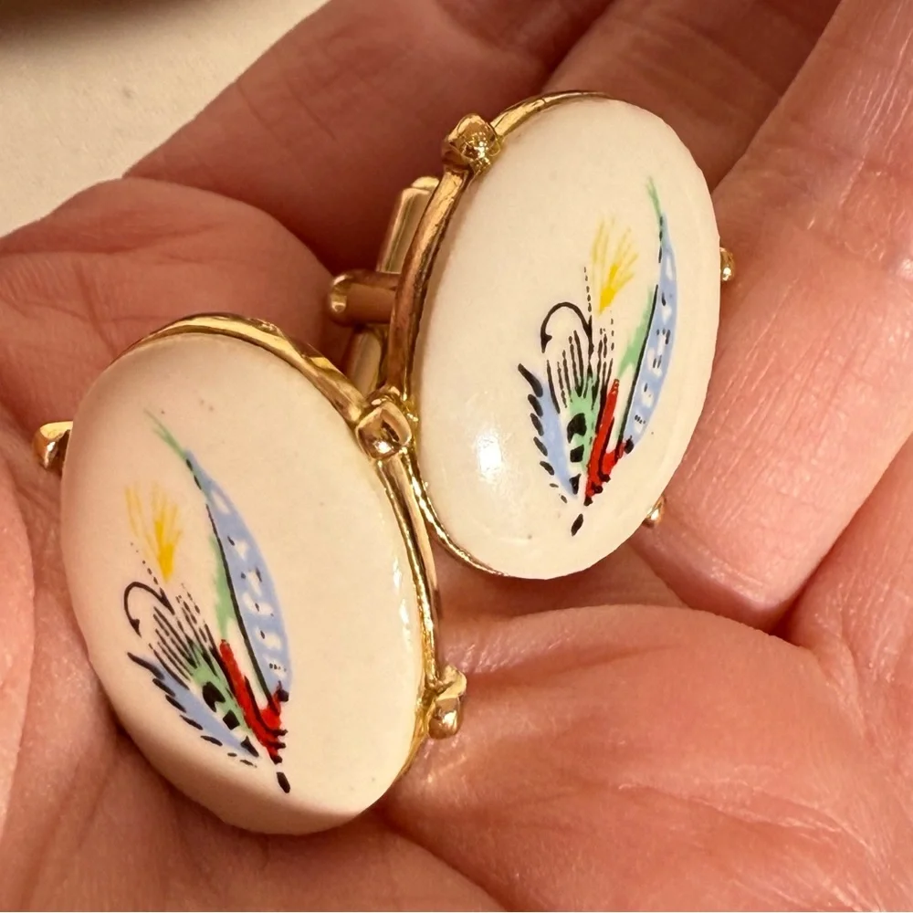Vintage 1960 70’s MCM Eclectic Grandpa Oversized Fishing Cufflinks